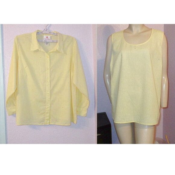Quacker Factory 2 Piece Tunic Top 2X Butter Yellow Rhinestones Linen Bl Coastal - Picture 1 of 12